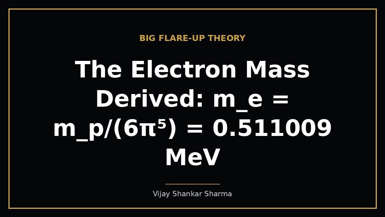 The Electron Mass Derived: m_e = m_p/(6π⁵) = 0.511009 MeV