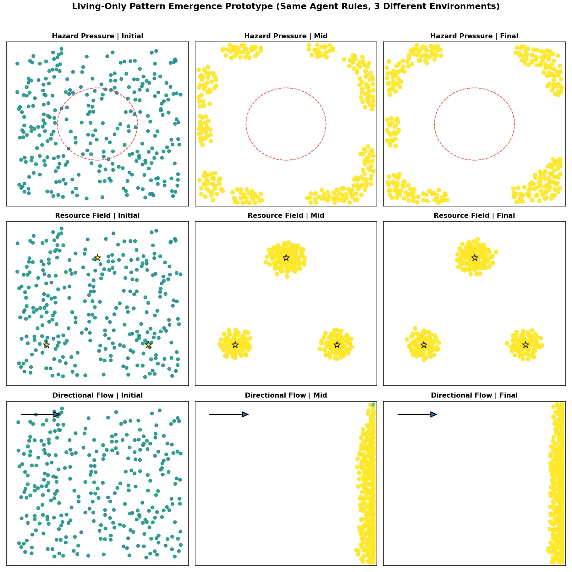 Simulation demonstrating how identical living-agent rule systems generate different large-scale organisational patterns under differing environmental conditions, including hazard pressure, resource-field clustering, and directional flow constraints. The figure illustrates that recurring adaptive architectures and structured evolutionary outcomes can emerge non-randomly from interaction between living systems and constrained opportunity-fields, supporting the framework claim that evolution proceeds through opportunity-responsive manifestation rather than unrestricted blind combinatorial drift.