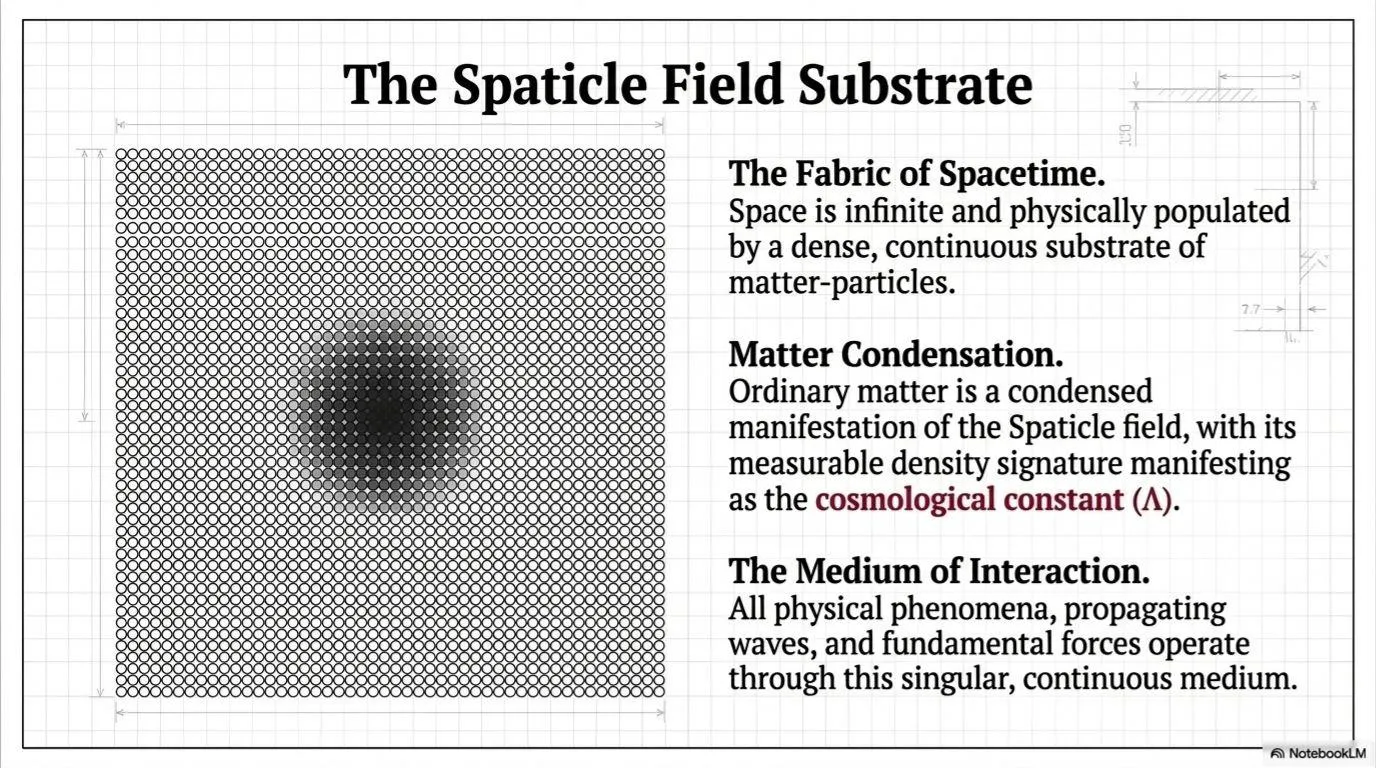 The spaticle field substrate as the continuous physical medium underlying spacetime, matter condensation, and interaction.