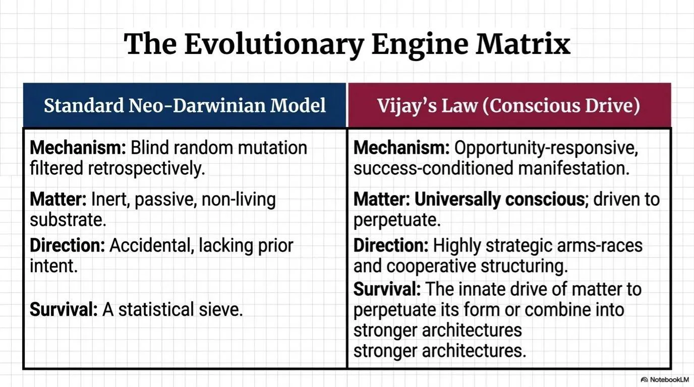 Comparative framework between neo-Darwinian evolution and Vijay’s Law driven perpetuation dynamics.