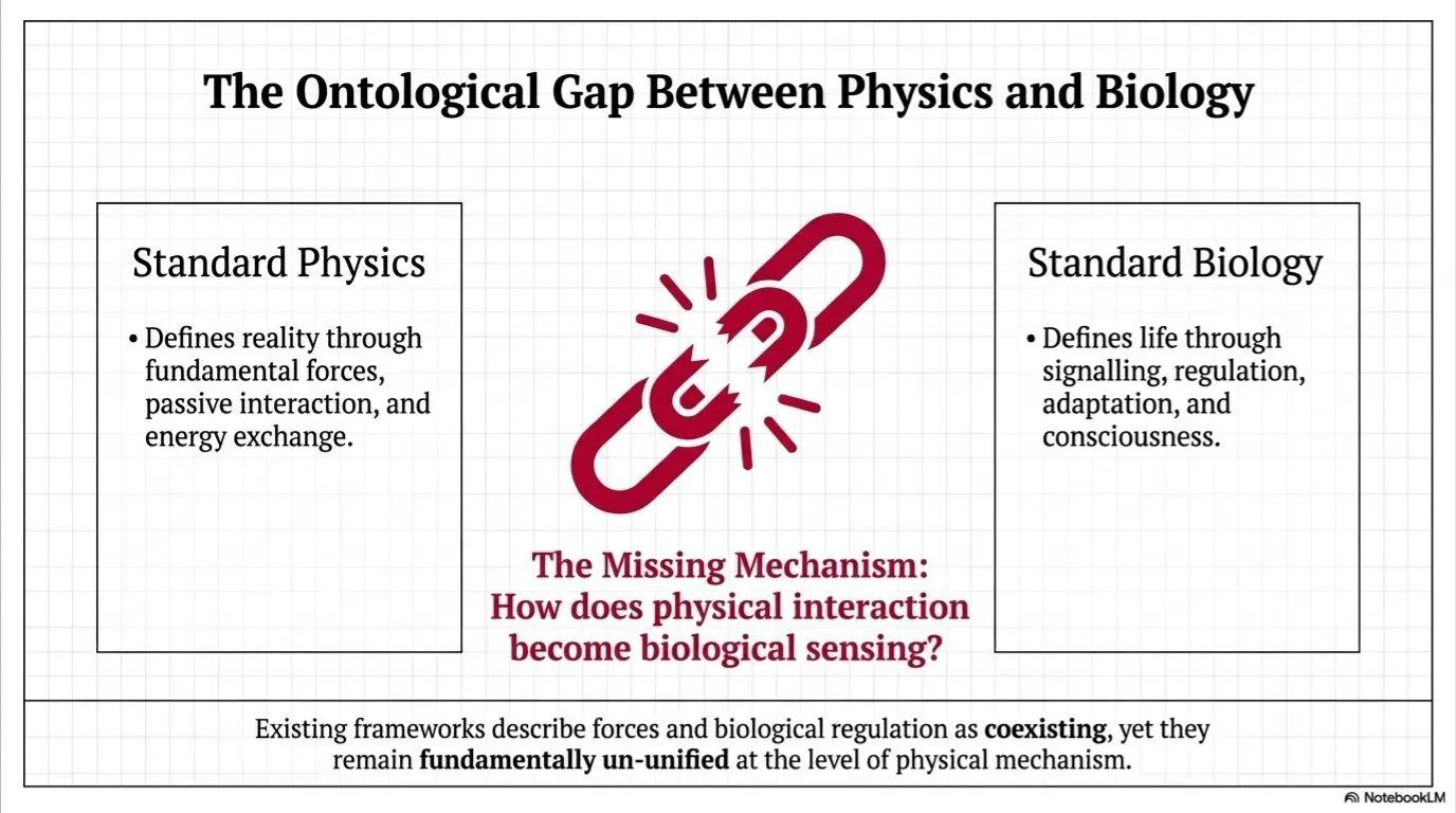 The unresolved ontological gap between physical interaction and biological sensing that Layer 5 attempts to mechanistically unify.