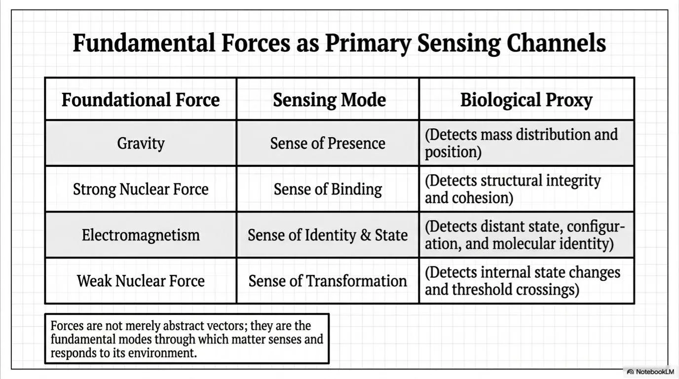 Fundamental forces reframed as primitive sensing channels from which biological sensing later emerges.