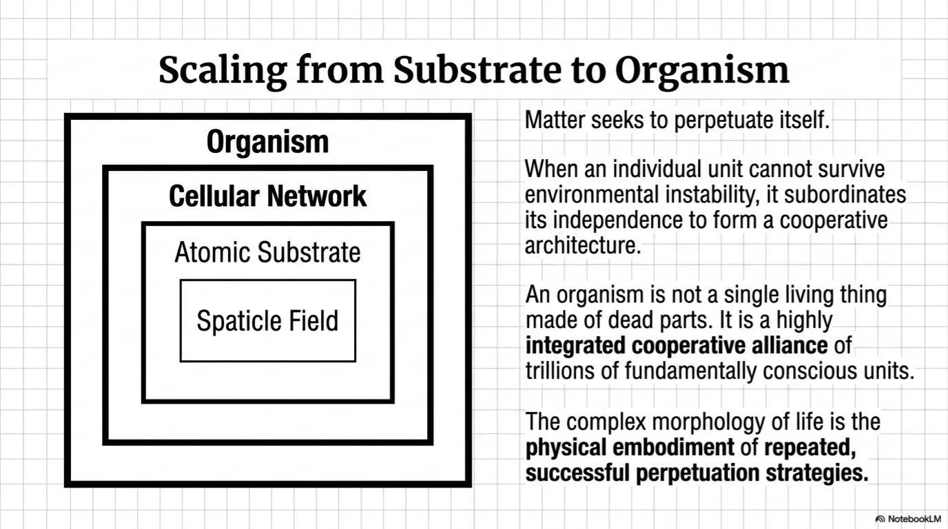 Scaling hierarchy from spaticle substrate to cellular network and organism-level cooperative architecture.