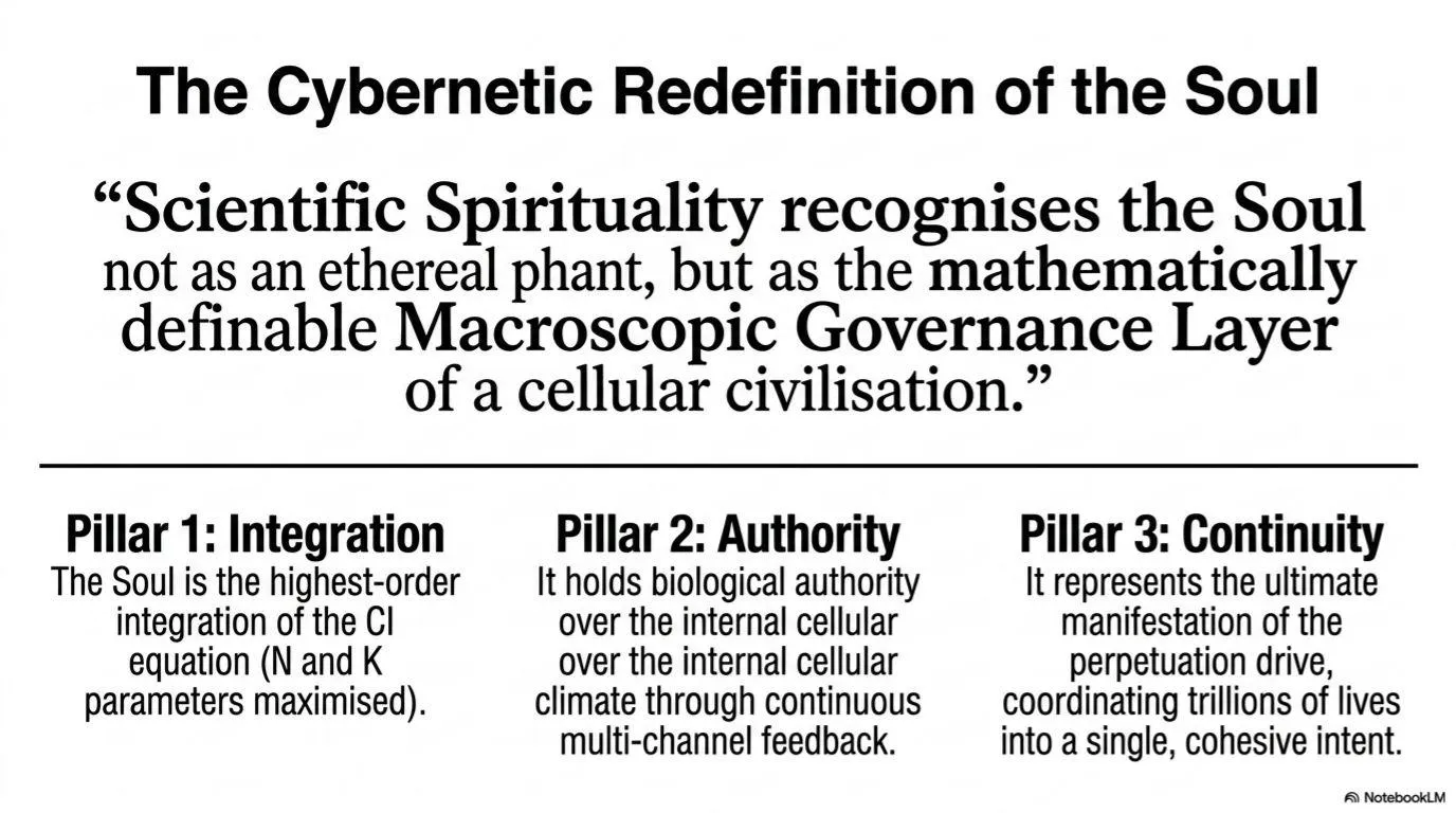 The soul redefined as the mathematically describable macroscopic governance layer of a cellular civilization.