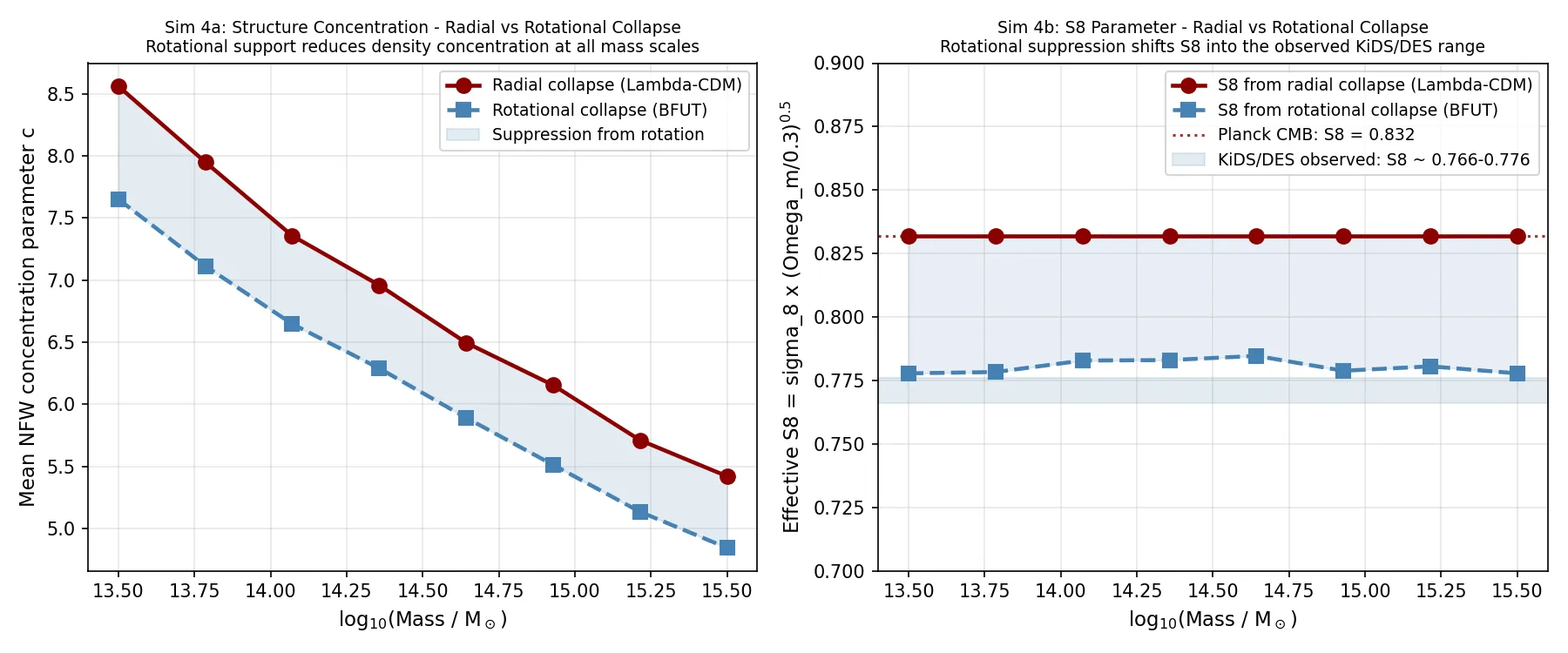 Structure concentration (left) and effective S8 (right) for radial vs rotational collapse across 8 mass scales. BFUT ensemble S8 (blue) falls in the KiDS/DES observed range (blue band); radial collapse (red) reproduces Planck S8 = 0.832.