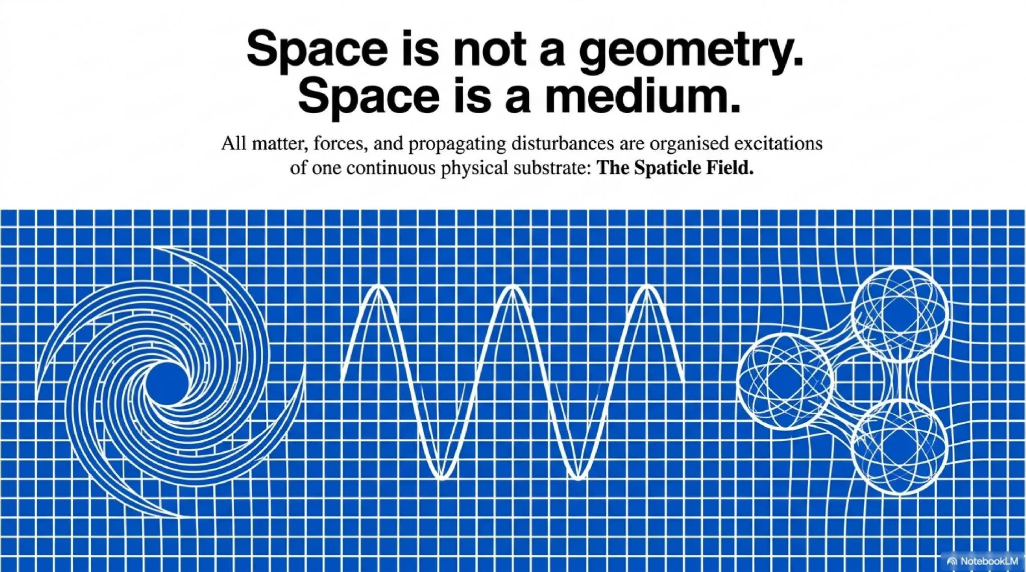 Space is not a geometry. Space is a medium. All matter, forces, and propagating disturbances are organised excitations of one continuous physical substrate: the Spaticle Field.