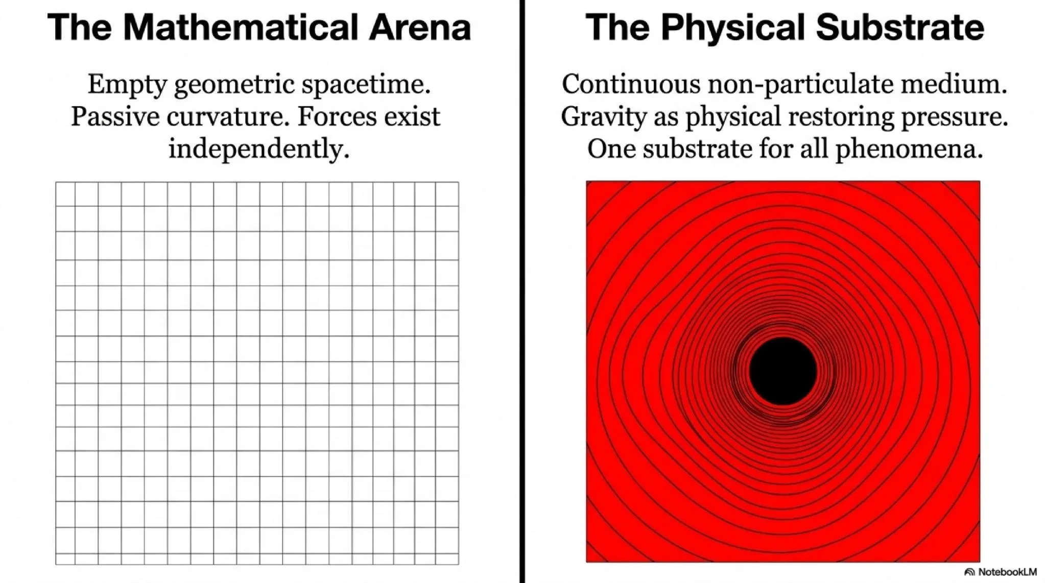 The Mathematical Arena (empty geometric spacetime) versus the Physical Substrate (continuous non-particulate medium). In BFUT, gravity is physical restoring pressure within one substrate for all phenomena.