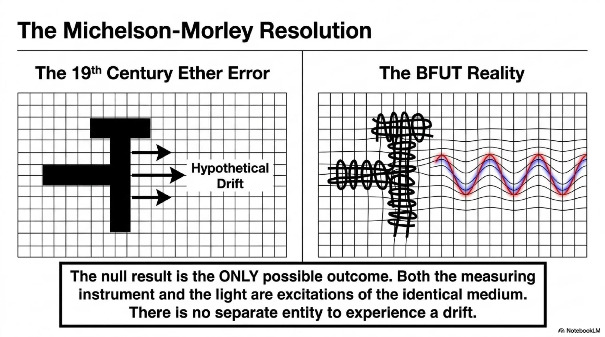 The Michelson-Morley Resolution. In the BFUT framework, both the measuring instrument and light are excitations of the identical medium. There is no separate entity to experience a drift.