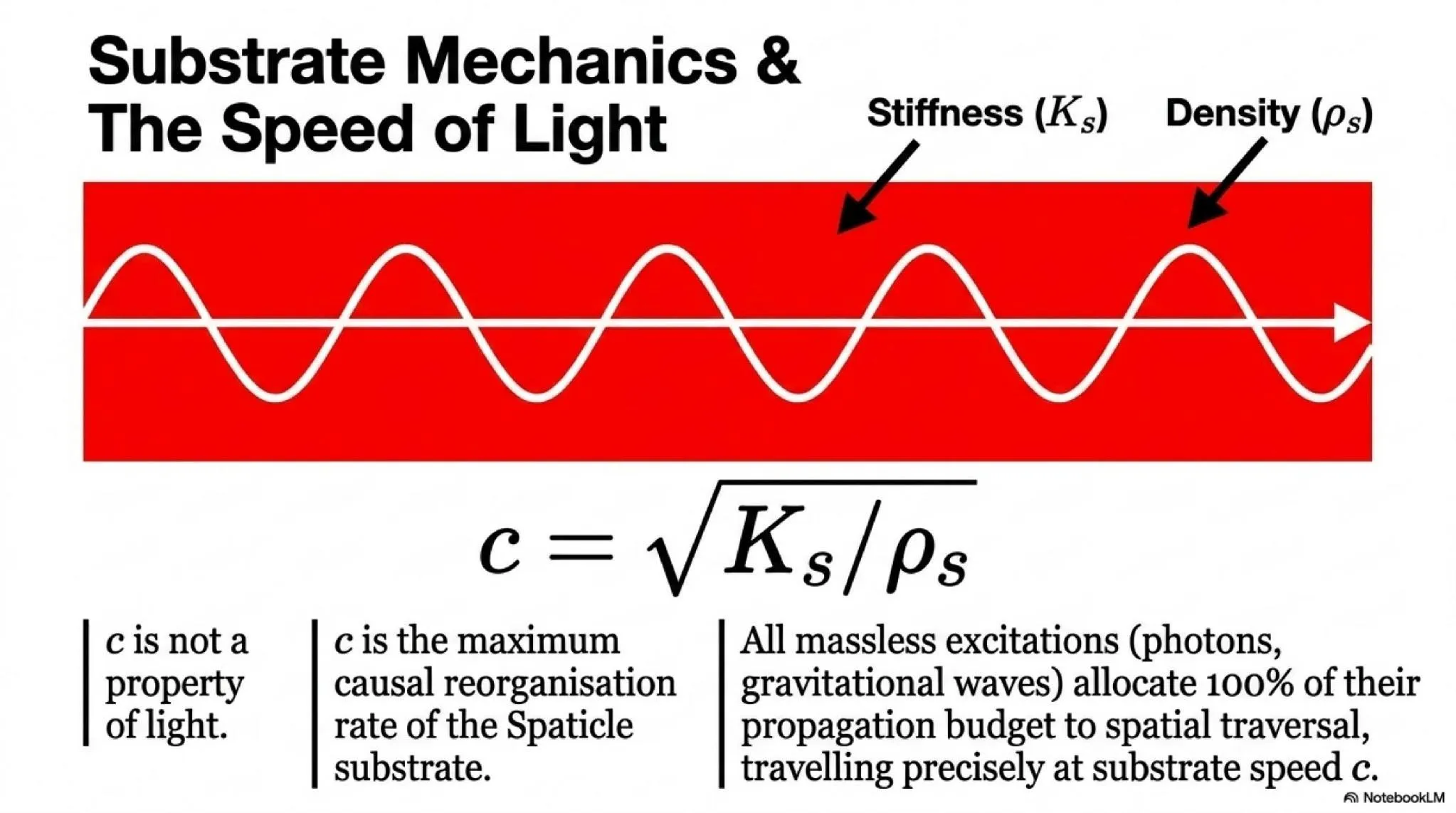 Substrate Mechanics and the Speed of Light. c = √(K<sub>s</sub> / ρ_s) is the maximum causal reorganisation rate of the Spaticle substrate.
