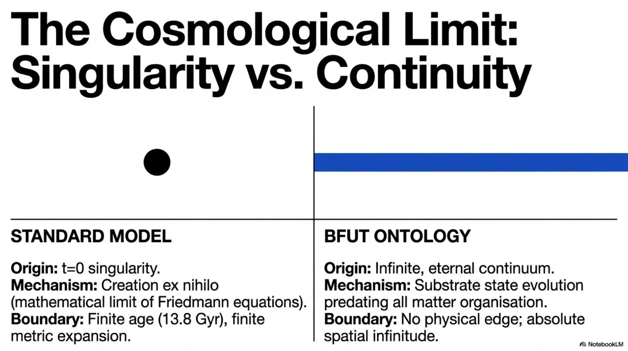 Singularity vs. Continuity: The fundamental ontological difference between the standard finite-origin model and BFUT's infinite, eternal continuum.