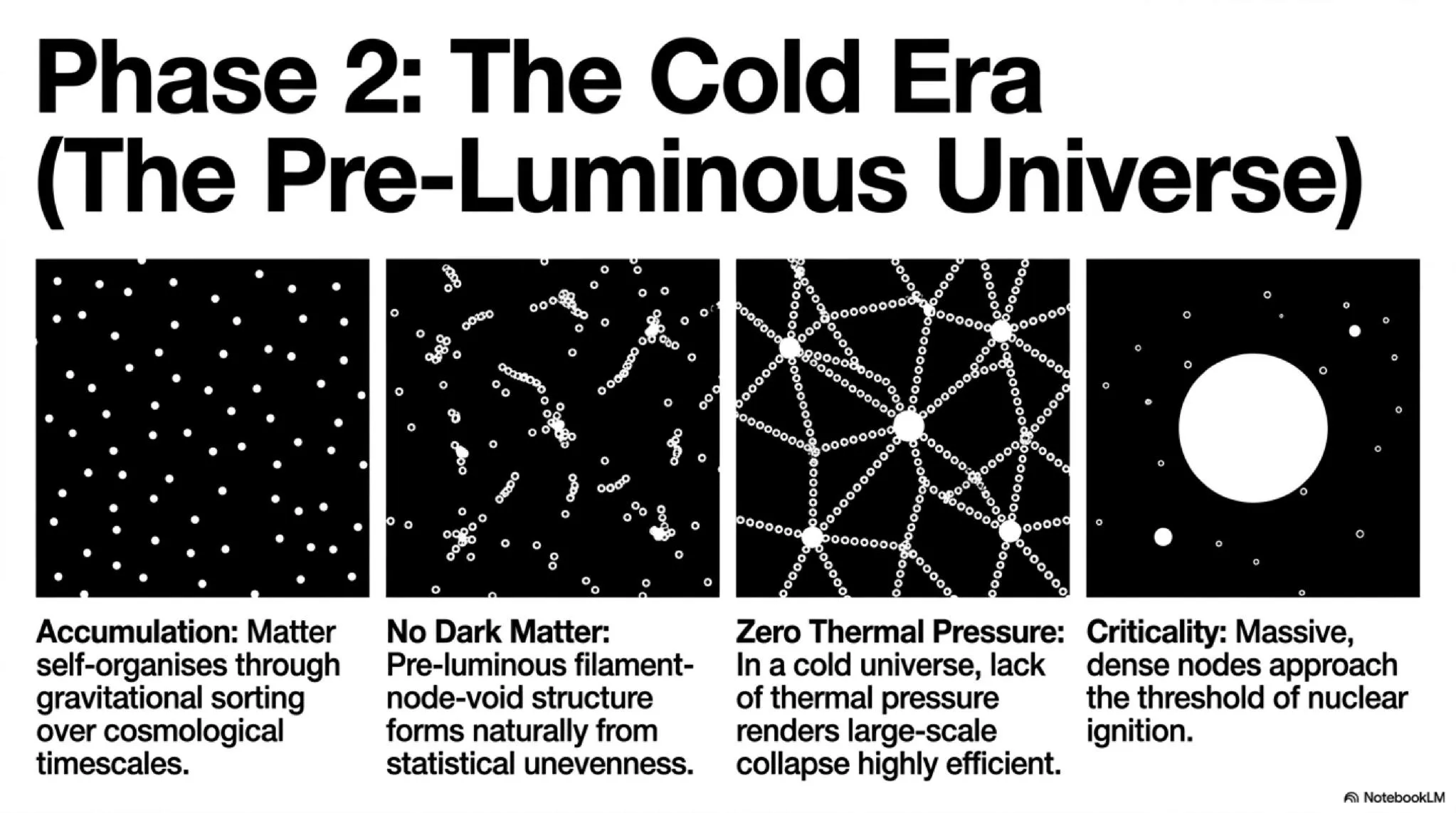 Phase 2: The Cold Era (Pre-Luminous Universe) - Matter self-organises through gravitational sorting over immense timescales before the first ignition events.
