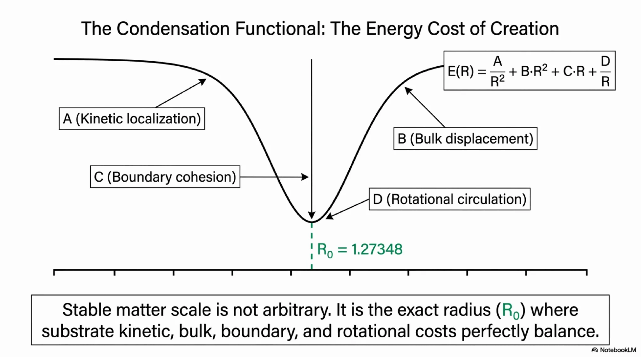 A (kinetic localisation), B (bulk displacement), C (boundary cohesion), and D (rotational circulation), with stable minimum at R₀ = 1.27348.