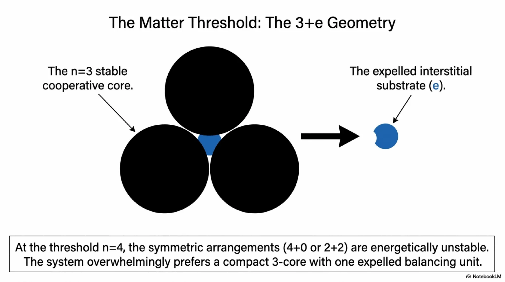 three co-rotating units form the stable n=3 core while a fourth unit is expelled as interstitial substrate, the geometric origin of the proton-electron threshold.