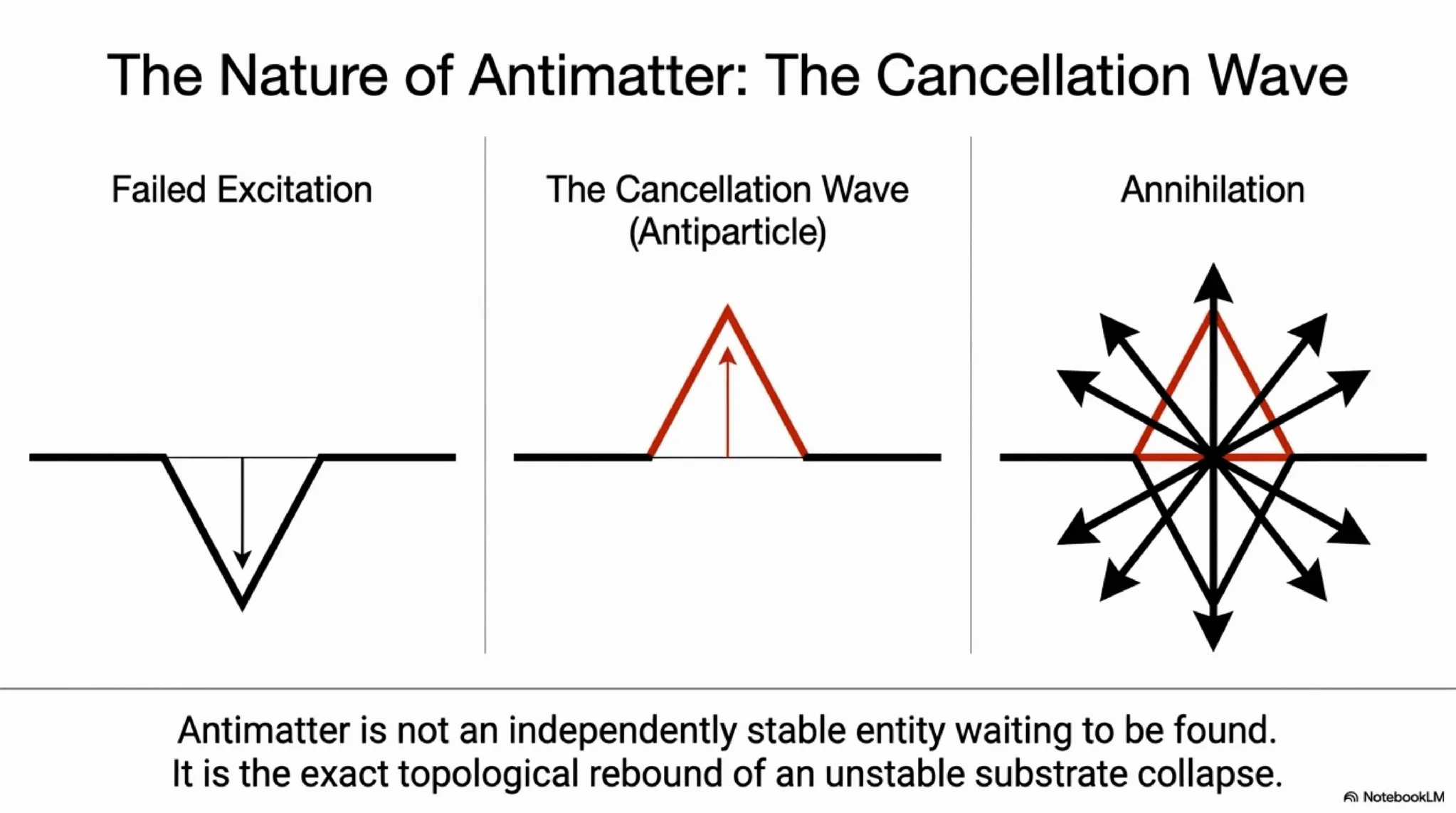 a failed excitation and its exact mirror-image rebound cancel completely, returning the substrate to equilibrium and releasing the stored condensation energy as radiation.