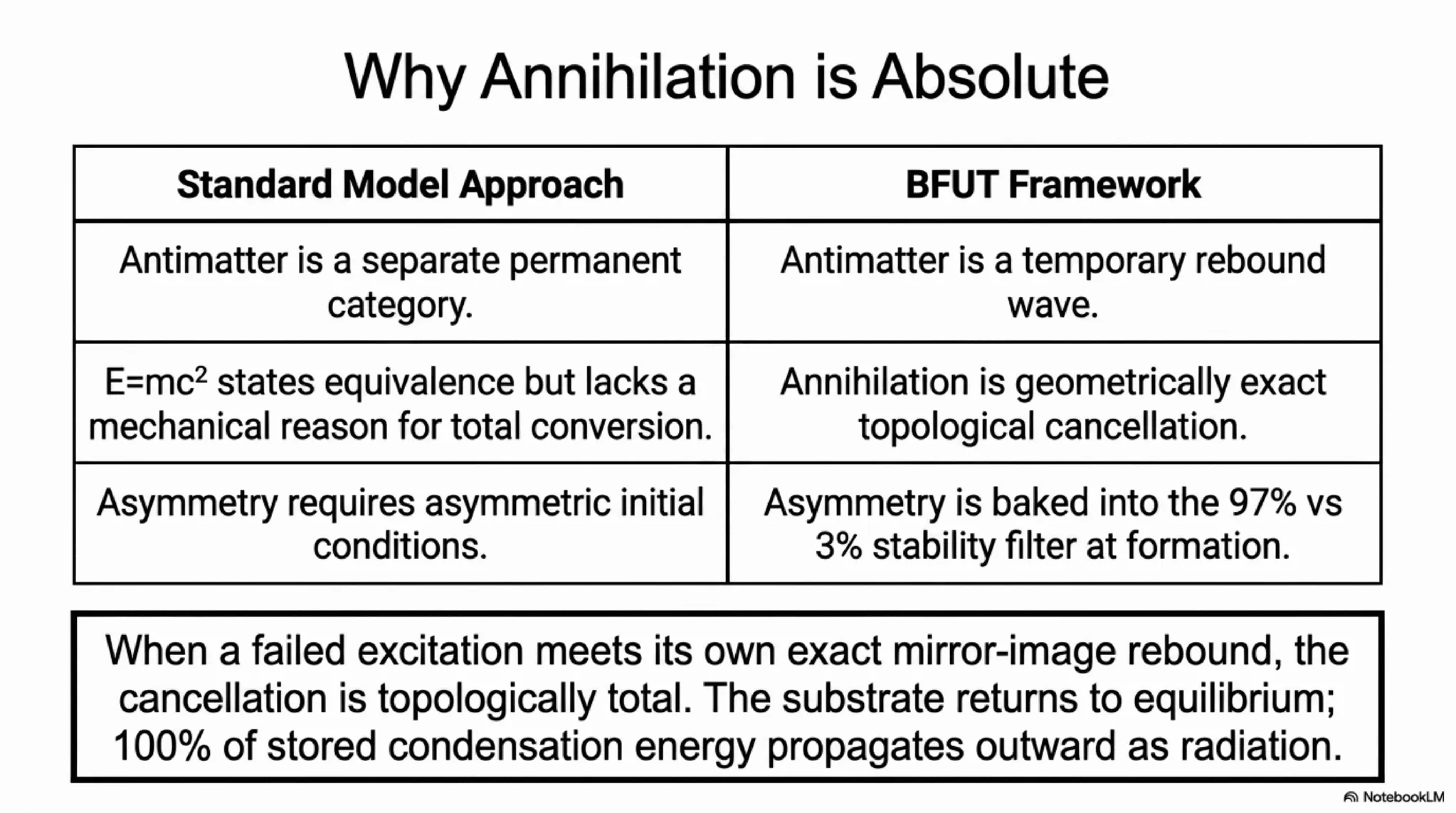 unlike E=mc², which states the mass-energy equivalence without a mechanism, the BFUT cancellation is a geometrically exact topological cancellation, with the matter-antimatter asymmetry set by the stability filter at formation.