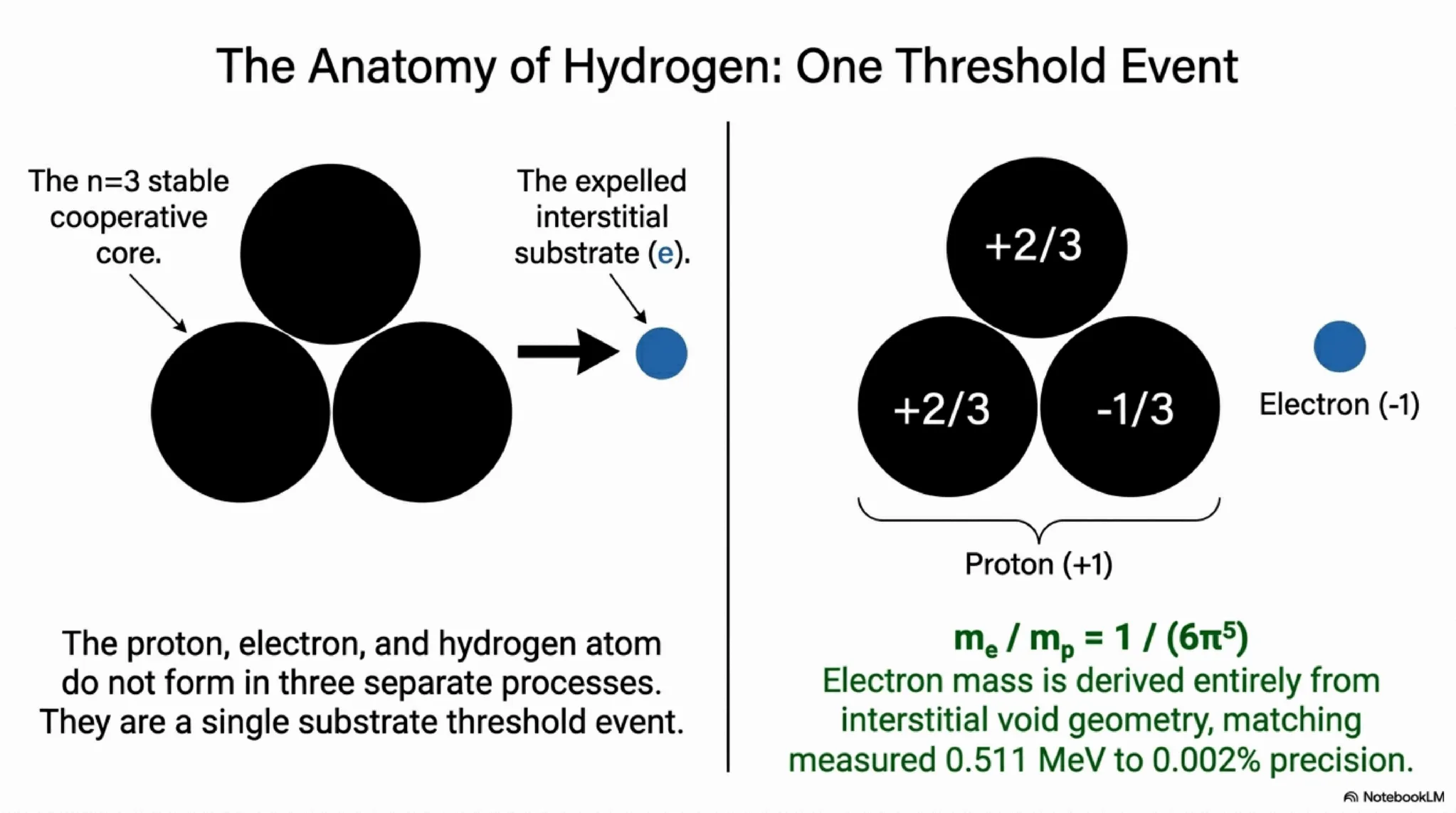 the 3+e threshold event assigns effective charges +2/3, +2/3, and −1/3 to the proton’s three units and −1 to the generated electron, with m<sub>e</sub>/m<sub>p</sub> = 1/(6π⁵).
