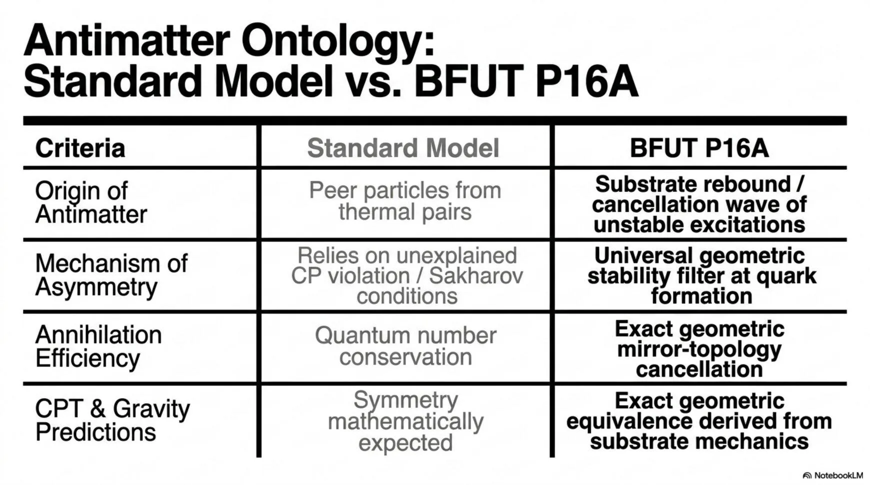 Antimatter Ontology, Standard Model vs BFUT P16A