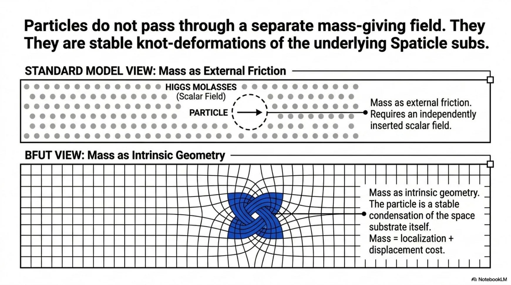 Mass as Intrinsic Geometry, Not External Friction, Standard Model vs BFUT