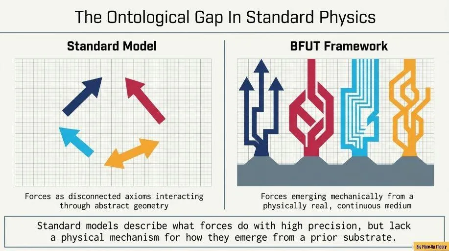 Standard model treats forces as axiomatic; BFUT derives them from substrate mechanics. [22]