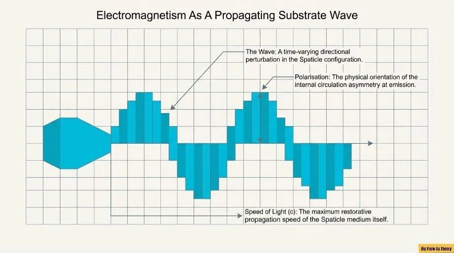 Electromagnetism as a propagating directional wave in the Spaticle field configuration, with polarisation reflecting the source's internal circulation asymmetry.
