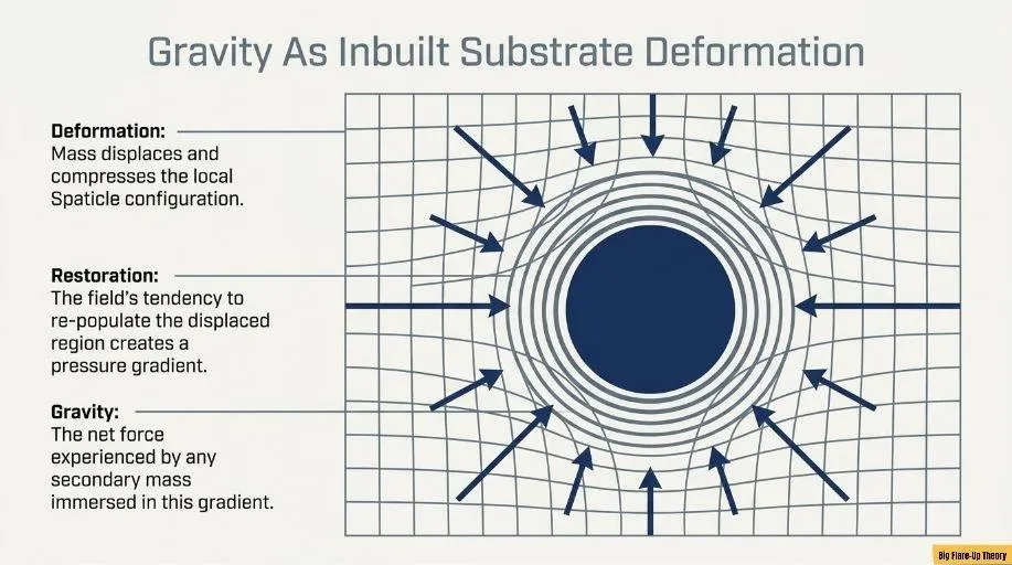 mass displaces and compresses the local Spaticle configuration, and the field's restoring tendency generates the gravitational pressure gradient.