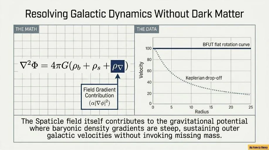 the Spaticle field gradient contribution sustains flat rotation curves where baryonic density gradients are steep.