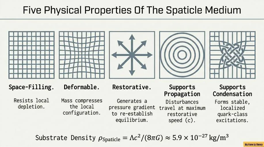 space-filling, deformable, restorative, supports propagation, and supports condensation, with substrate density ρ_Spaticle ≈ 5.9 × 10⁻²⁷ kg/m³.