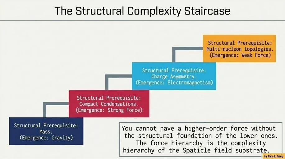 Sequential emergence of forces from increasing Spaticle field structural complexity.