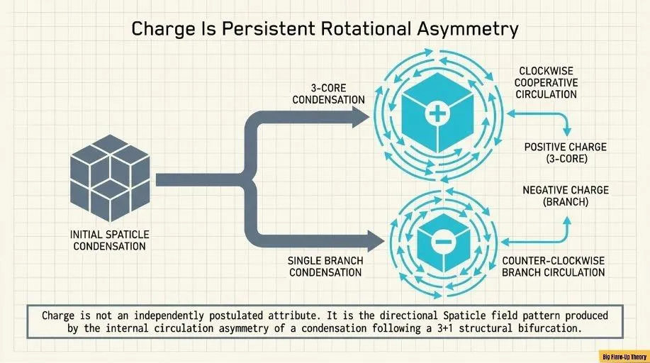 Charge as a directional internal circulation asymmetry, produced by 3+e structural bifurcation into positive and negative charge branches.