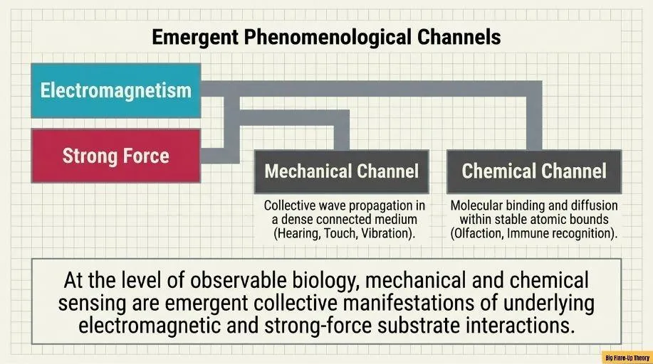Forces and sensing channels emerge sequentially from the Spaticle field substrate as an interconnected taxonomy of electromagnetic, strong, mechanical, and chemical channels.