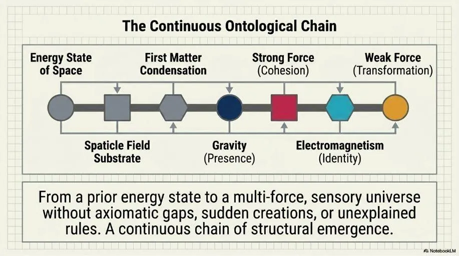 sequential emergence from a prior energy state through first matter condensation to the four fundamental forces, with no axiomatic gaps.