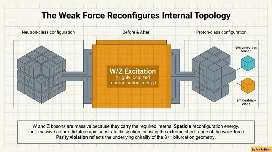 The weak force reconfigures internal topology between neutron-class and proton-class configurations via a highly localised W/Z excitation.