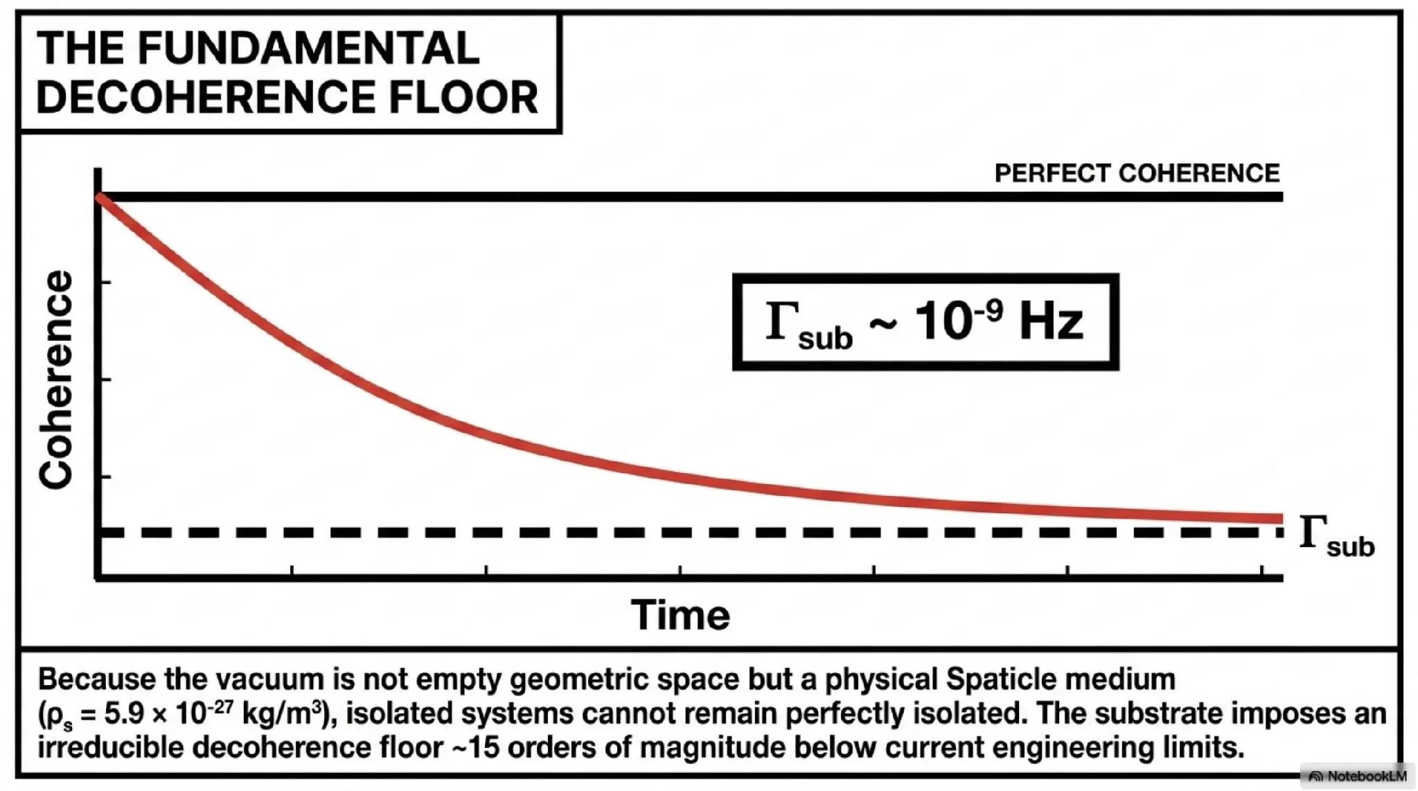 The fundamental decoherence floor. Because the vacuum is a physical Spaticle medium (ρ_s = 5.9 × 10^{-27} kg/m³), isolated systems cannot remain perfectly coherent. The substrate imposes an irreducible decoherence floor ~15 orders of magnitude below current engineering limits.