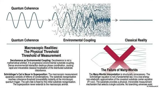 Environmental coupling progressively disrupts coherent substrate organisation, producing irreversible decoherence and classical localisation.