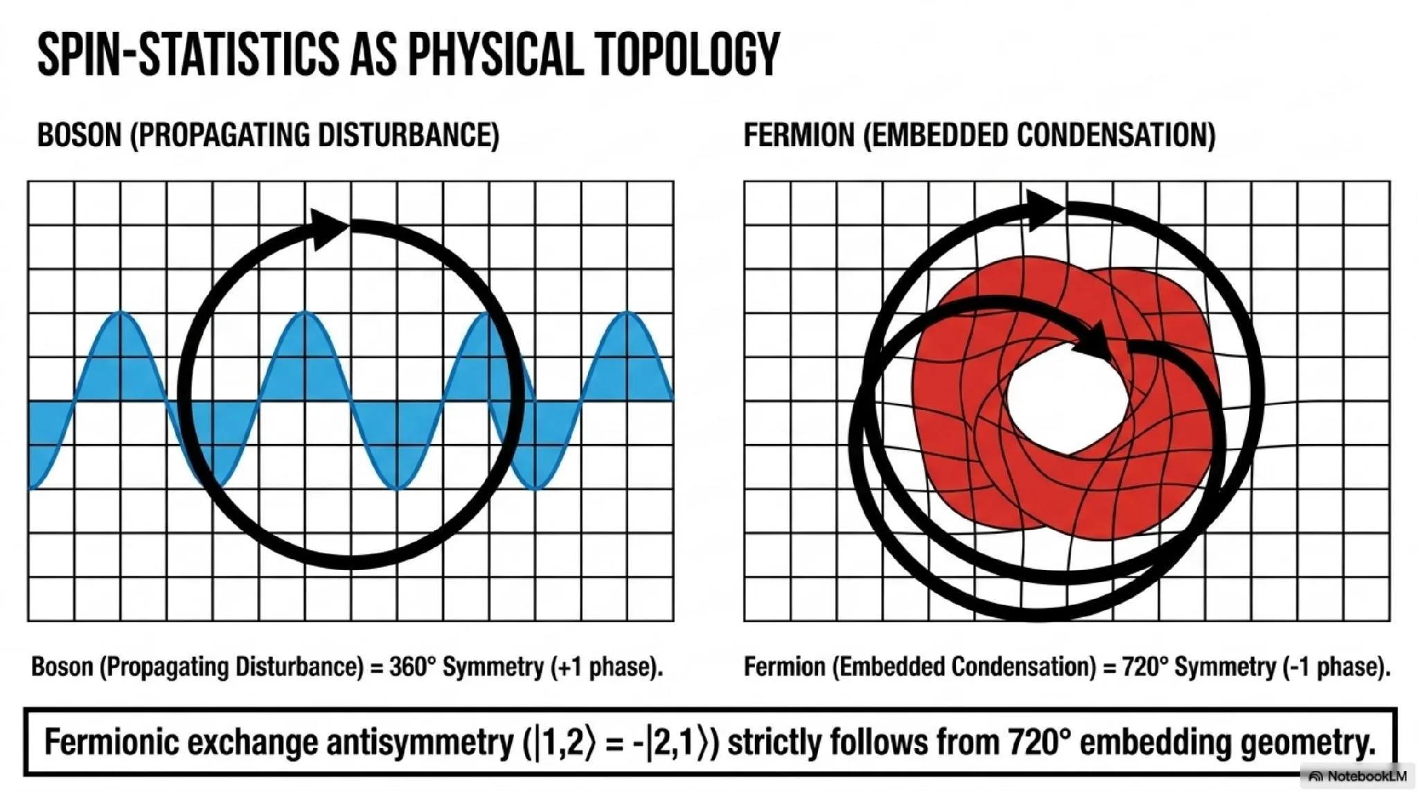 Spin-statistics as physical topology. Bosons (propagating disturbances) have 360° symmetry. Fermions (embedded condensations) have 720° symmetry due to topological embedding in the substrate.