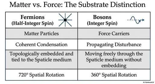 BFUT distinction between fermionic matter condensations and bosonic propagating disturbances. Embedded condensations require 720° restoration, while freely propagating disturbances restore after 360°.