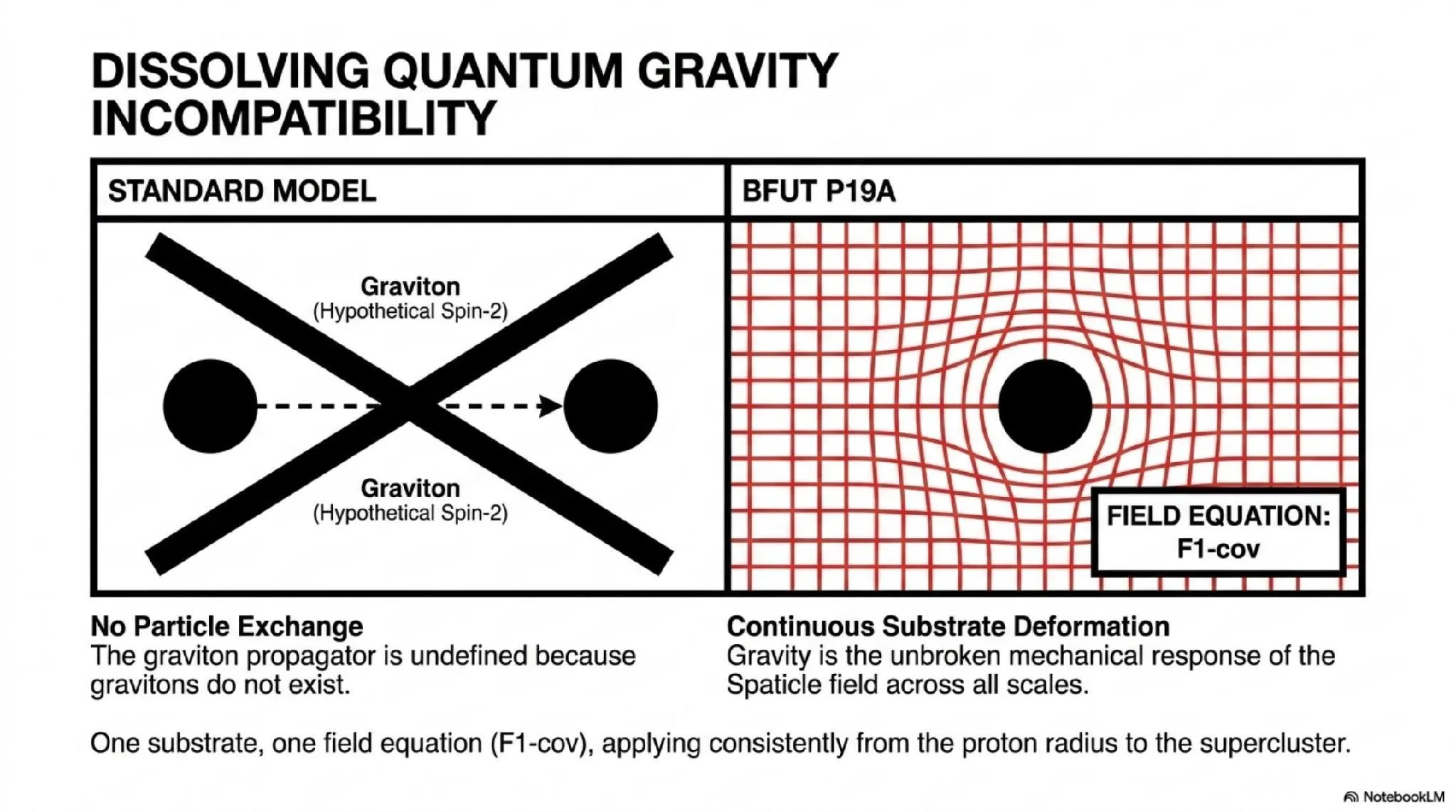 Dissolving the quantum gravity incompatibility. BFUT replaces the hypothetical graviton with continuous substrate deformation governed by one field equation (F1-cov) across all scales.