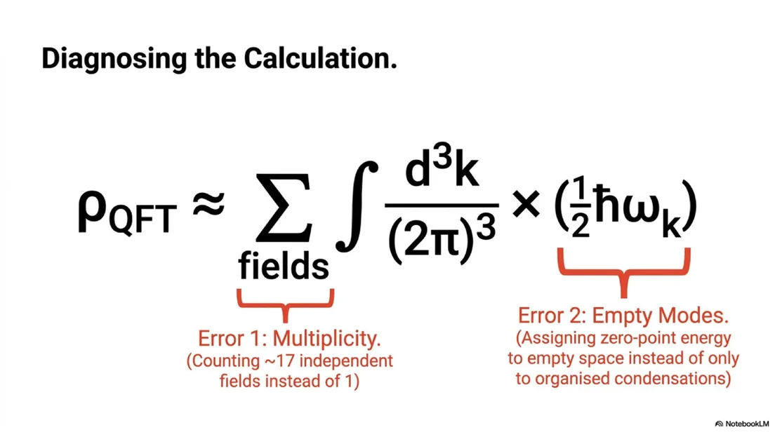 Diagnosing the Calculation: The two specific errors in the standard QFT vacuum energy computation: multiplicity of fields and attribution to empty modes.