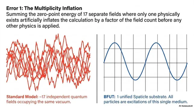 Error 1 – Multiplicity Inflation: Summing zero-point energy over ~17 independent fields instead of one unified substrate.