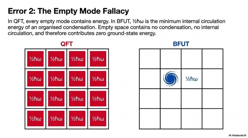 Error 2 – The Empty Mode Fallacy: QFT assigns energy to empty modes; BFUT assigns it only to organised condensations.