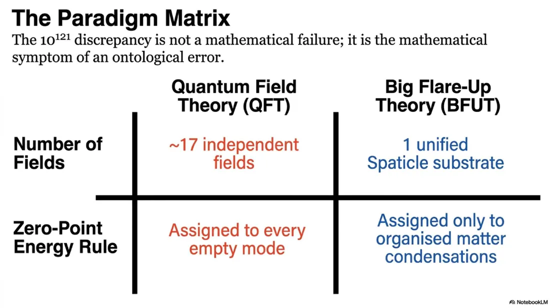 The Paradigm Matrix: Direct comparison between Quantum Field Theory and Big Flare-Up Theory on the treatment of fields and zero-point energy.