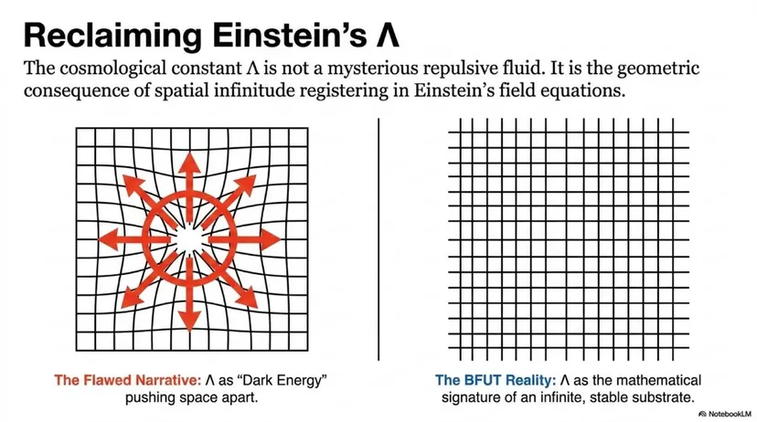 Reclaiming Einstein’s Λ: The flawed narrative of Λ as dark energy versus BFUT’s interpretation as the geometric signature of spatial infinitude.