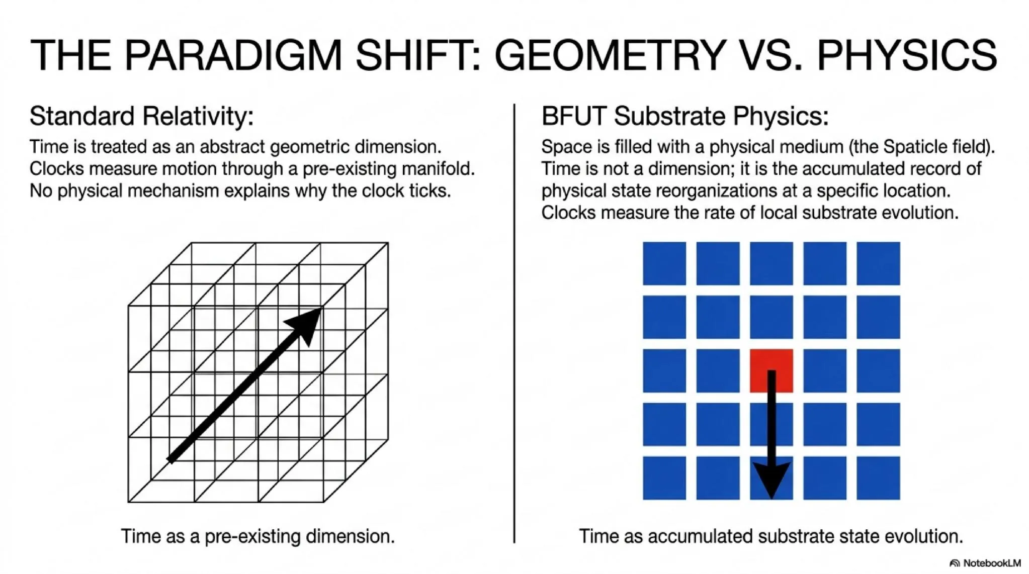 The paradigm shift: Time as a geometric dimension versus time as accumulated substrate state evolution.