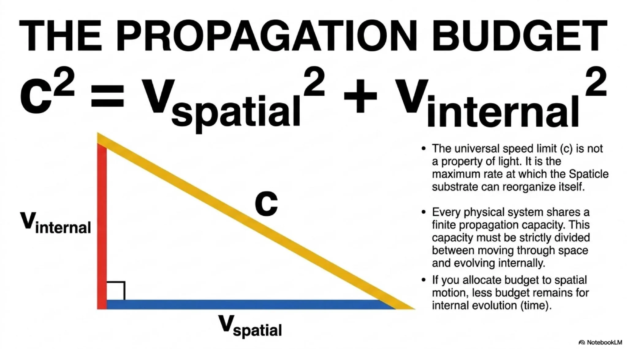 The Propagation Budget: c² = v_spatial² + v_internal². Capacity allocated to spatial motion reduces the budget available for internal evolution (time).