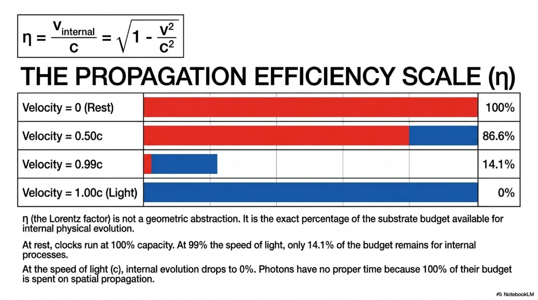 The Propagation Efficiency Scale (η): At rest, clocks run at 100% capacity. At v = 0.99c, only 14.1% remains for internal processes.