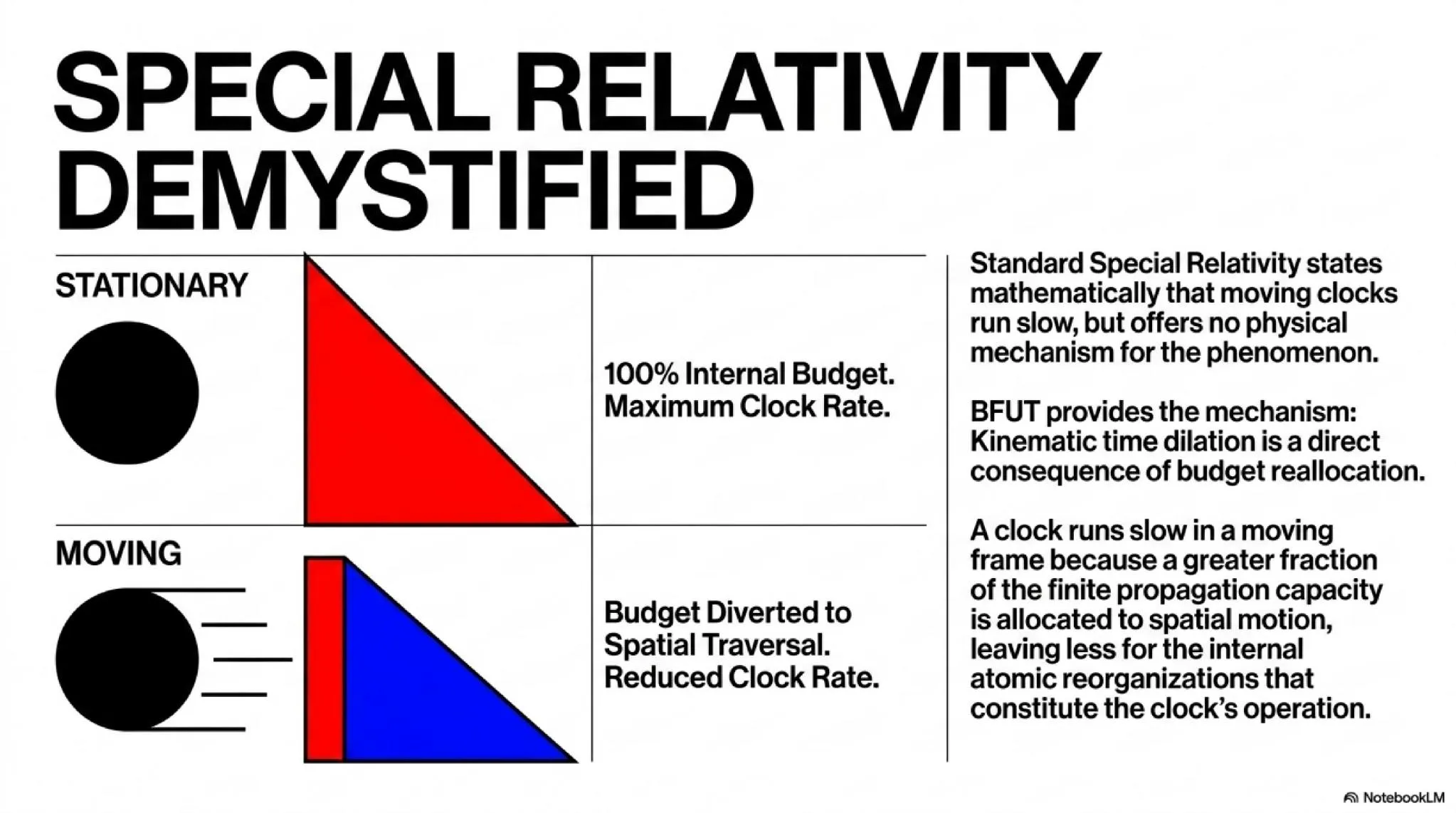 Special Relativity demystified: Moving clocks run slow because a greater fraction of the finite propagation budget is allocated to spatial motion.