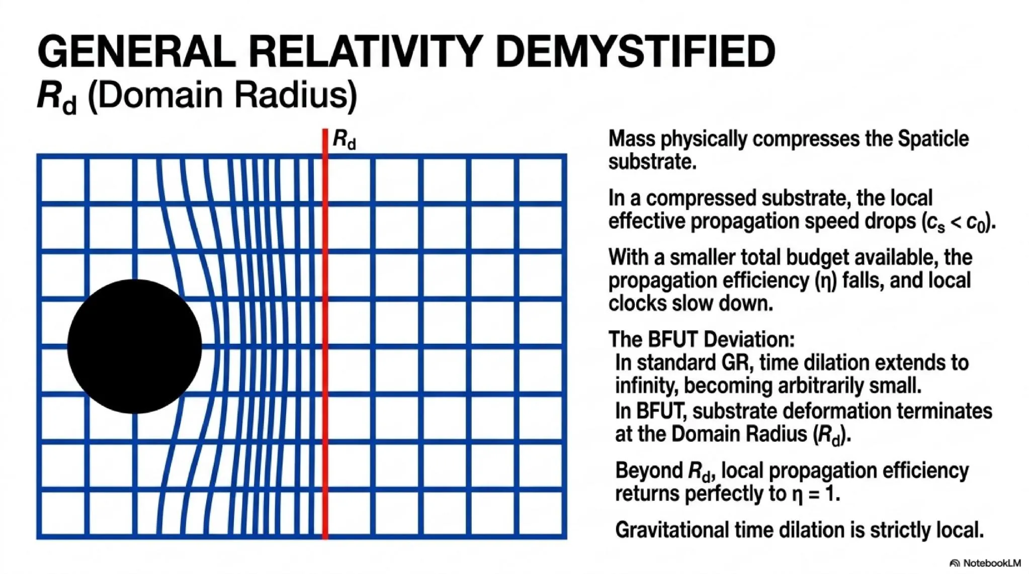 General Relativity demystified: Mass compresses the substrate, reducing local propagation efficiency η. Gravitational time dilation terminates at the Domain Radius (R<sub>d</sub>).