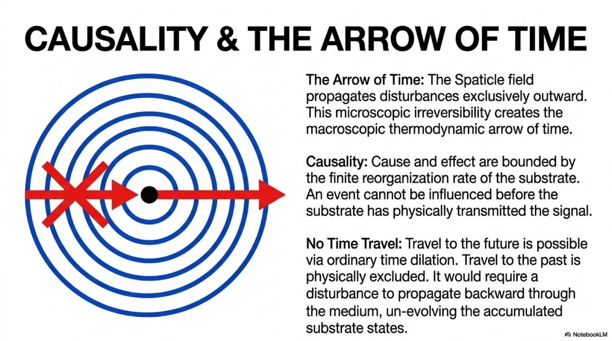 Causality and the Arrow of Time: The substrate propagates disturbances outward only. This microscopic irreversibility creates the macroscopic arrow of time and prohibits backward causation.