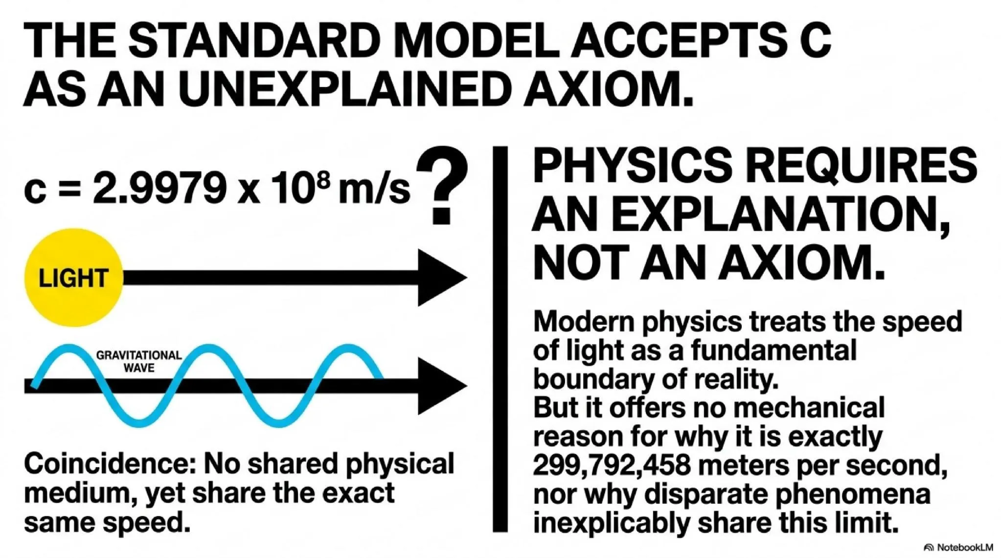 The Standard Model accepts c as an unexplained axiom. Physics requires a mechanical explanation, not a postulate.