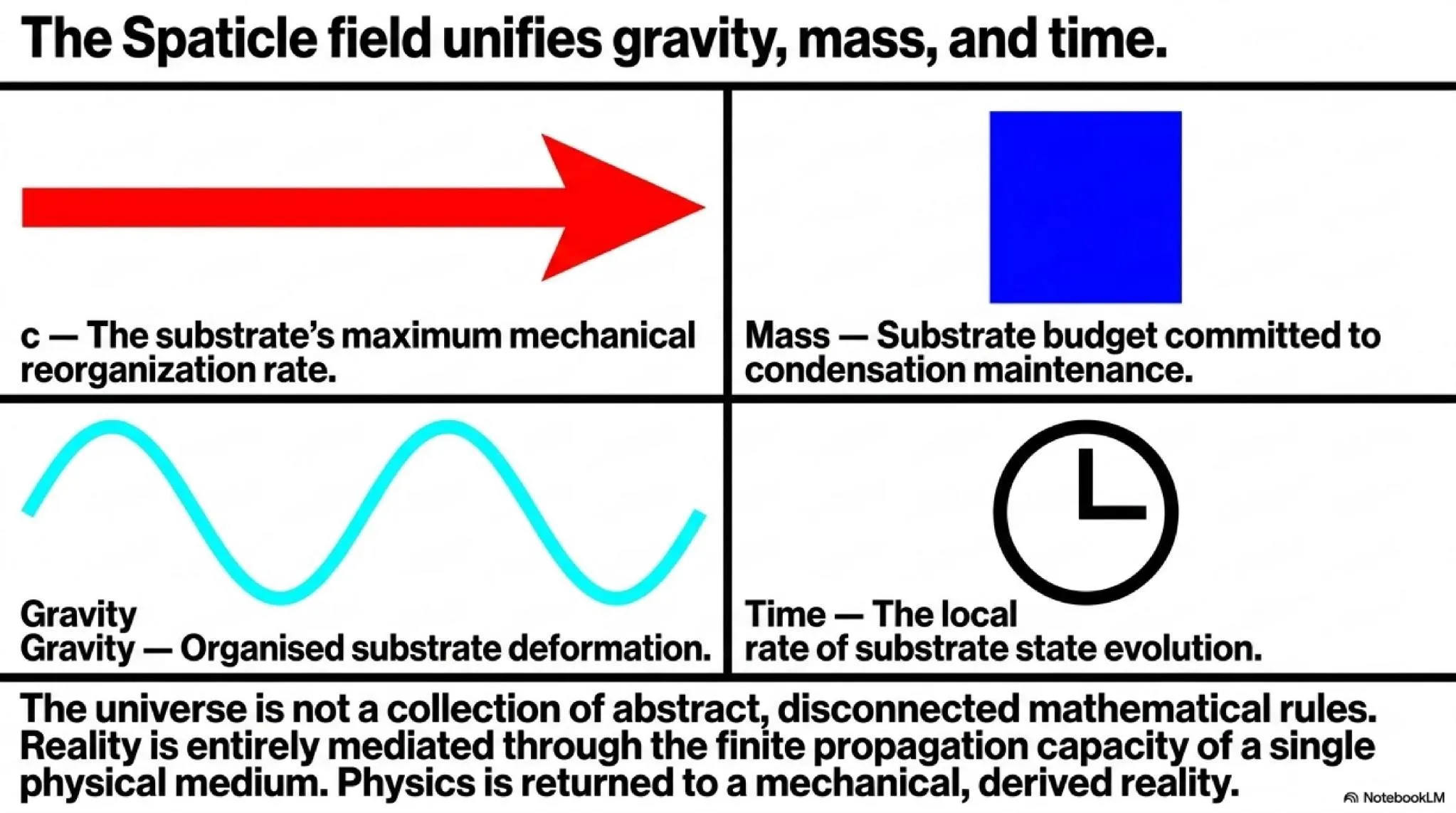 The Spaticle field unifies gravity, mass, and time through a single physical mechanism: finite propagation capacity of one medium.